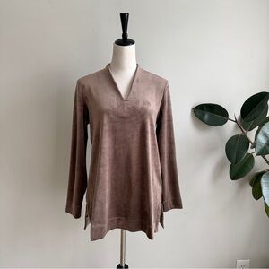 Pure Jill Womens Long Sleeve Velour V-Neck Tunic Size L Taupe Soft Side Slits